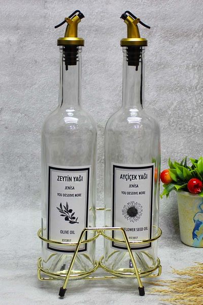 Jenisa 2 Pieces Transparent 750 Ml Labeled Bottle Gold Pourer Shiny Gold Stand Oil Pot Oil Pot