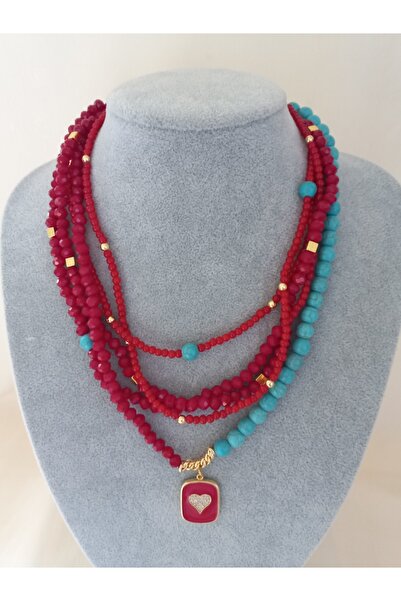 İPAR AKSESUAR للنساء - قلادة متعددة من حجر الكريستال الطبيعي على شكل قلب أحمر
