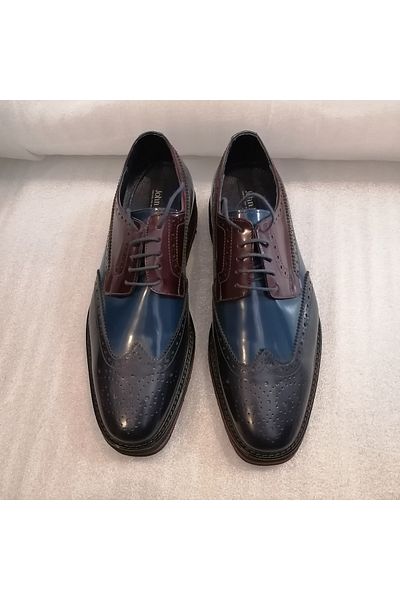 John May Men's Genuine Leather Opening Navy Blue Claret Red Blue Staple Hole Non-Slip Eva Sole Lace Up Shoes