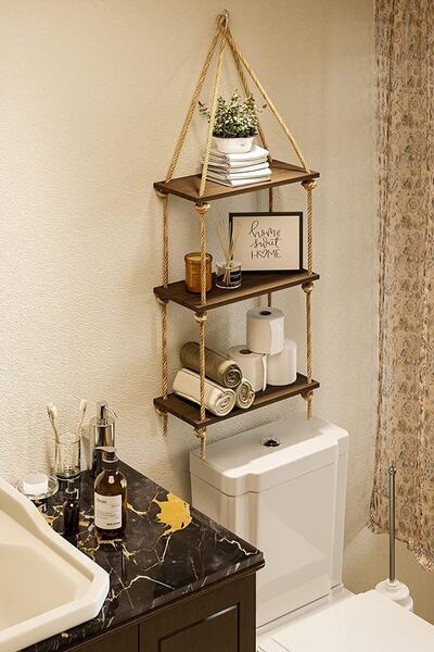 Alyones 3 Katlı Koyu Kahve Halatlı Duvarı Asma Yüzer Raflar, Rustik Kahverengi Duvar Rafı, 2 Piton Kancalı