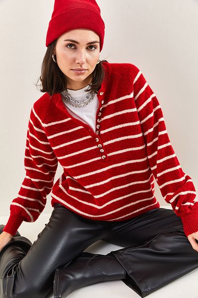 Bianco Lucci Gestreifter Strickpullover mit Rollkragen und geknöpftem Kragen für Damen