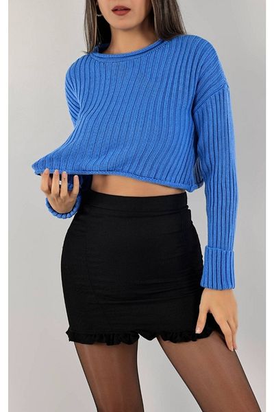 BAHHAR Pulover crop tricotaj pentru femei albastru (compatibil cu marimea S-m-l-xl)