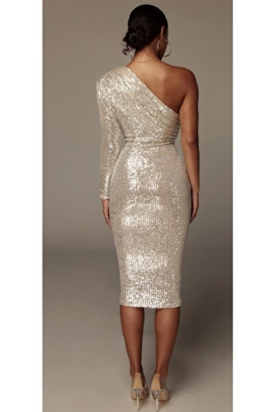 Genel Markalar Tek Kol Pulpayet Işlemeli Midi Abiye Elbise