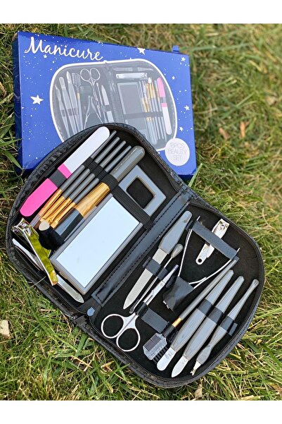 QUEEN AKSESUAR Alman Kalitesi Ithal 18 Parça Deri Çantalı Tırnak Makyaj Fırçası Manikür Bakım Seti Aynalı