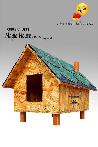 Büyük Kedi Evi - Kedi Kulübesi Magıc House Villa Greenroof (yeşil) - Özel Shingle Çatı Kaplama