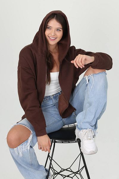 Neşeli Butik Дамски суитшърт с качулка, джоб и цип, Fvr003