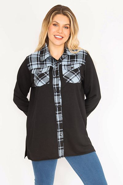 Şans Damen-Hemd, groß, blau, kariert, verzierte Vorderseite, geknöpfte Taschen, 65n35140