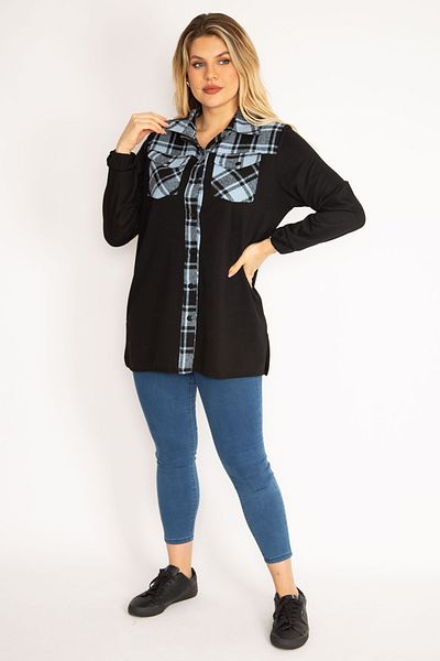 Şans Damen-Hemd, groß, blau, kariert, verzierte Vorderseite, geknöpfte Taschen, 65n35140