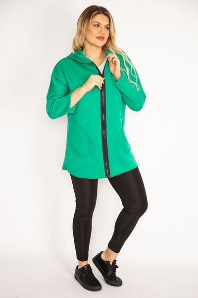 Şans Women's Large Size Green Front Zipper Pocket and Hooded Coat 65n35108
