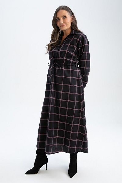 DeFacto Traditional Shirt Collar Checkered Long Sleeve Dress