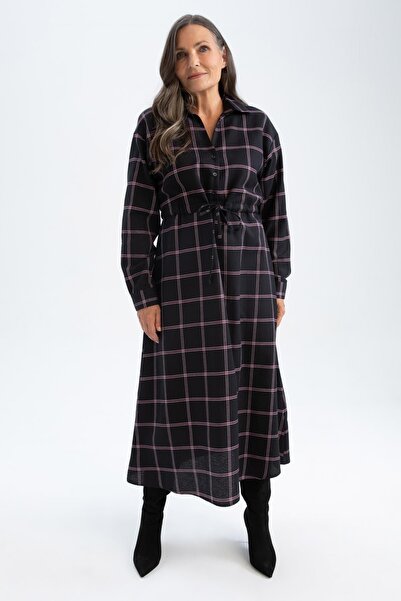 DeFacto Tradiční košilový límec kostkované šaty s dlouhým rukávem