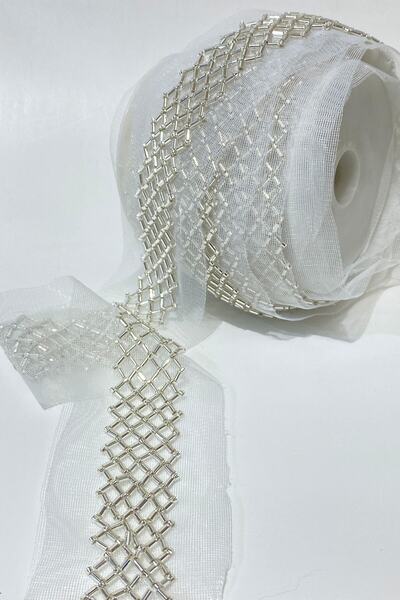 Bontex Bordură decorativă cu tăieturi argintii și mărgele de nisip – Panglică...