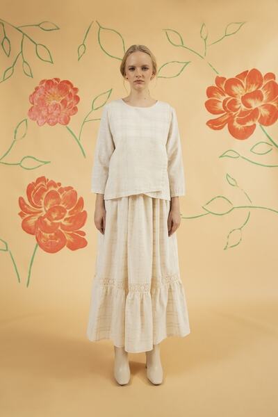 By Mare Style Light Beige Patterned Cotton-Linen Blend Jane Top