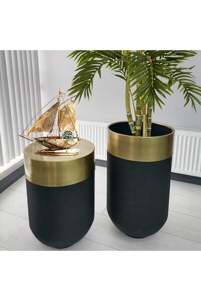 evdeniste Dekoratif Eskitme Darbuka Siyah Saksı 70 Cm+sehpa 60 Cm (ikili Set)