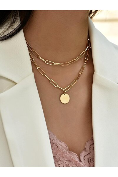X-Lady Accessories Altın Renk Dikdörtgen Zincir Yuvarlak Pul Charm Katmanlı K...