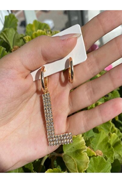 DEMOKAN Kadın Küpe L Harfi Zirkon Taş Özel Tasarıım Kadın Küpe