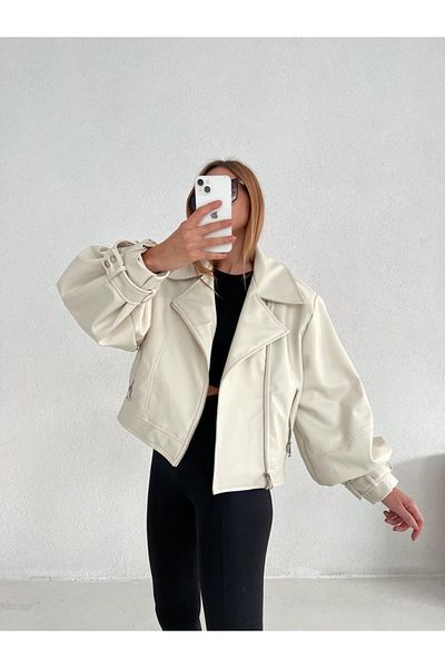 munora butik Cremefarbene Bomberjacke aus Kunstleder mit weiten Ärmeln