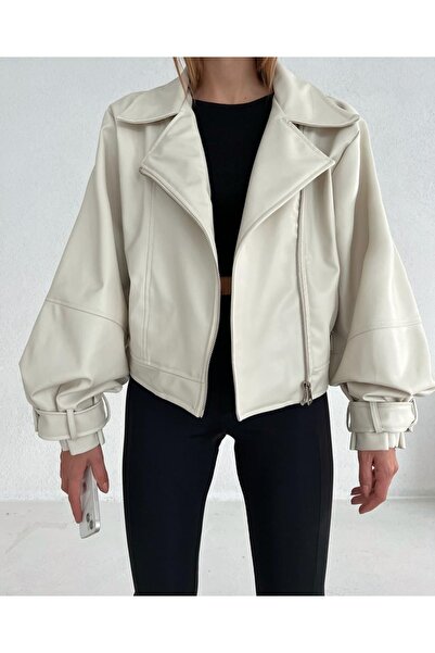 munora butik Faux Leather Wide Sleeve Cream Bomber Jacket