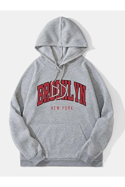 Yasolin Unisex Φούτερ με κουκούλα με στάμπα Brooklyn σε γκρι χρώμα