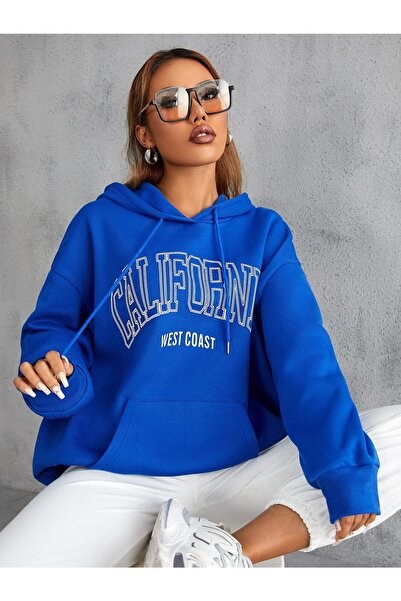 Yasolin Unisex Calıfornia Baskılı Kapüşonlu Sweatshirt MAVİRENK