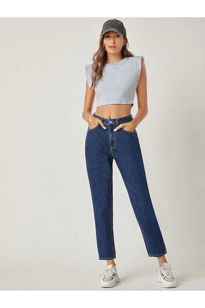 SANTA BELLA Tekna X Deep Blue - Blugi Mom pentru femei cu talie înaltă, Boyfriend Cut Lycra