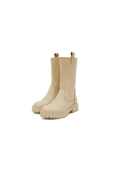 Cabra Blanca Ecru Genuine Leather Boots Zippered Women's Boots Serrated Sole Long Leather Boots