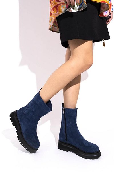 Modabuymus Μπότες Olle Navy Blue Suede Daily ελαφριές χοντρές σόλα