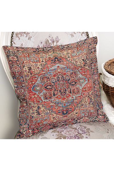 Realhomes Digital Printed Pillow and Throw Pillow Cover with Antique Motif on Red Background