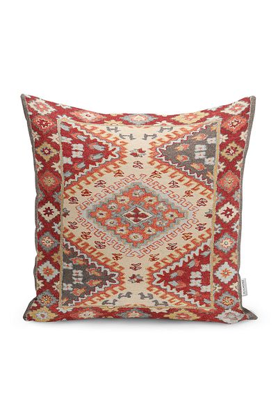 Realhomes Ethnic Motif Rug Patterned Digital Printed Pillow Cushion Cover on Red Background