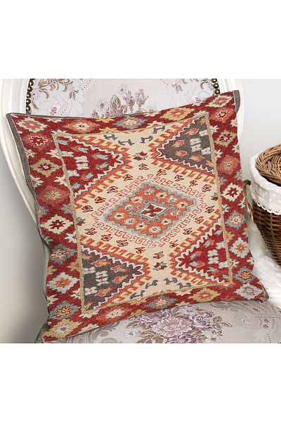 Realhomes Ethnic Motif Rug Patterned Digital Printed Pillow Cushion Cover on Red Background