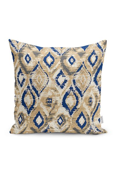 Realhomes Μπλε Navy - Μπεζ Vintage μοτίβο ψηφιακής εκτύπωσης μαξιλαροθήκη με μοτίβο Ikat στο πάτωμα