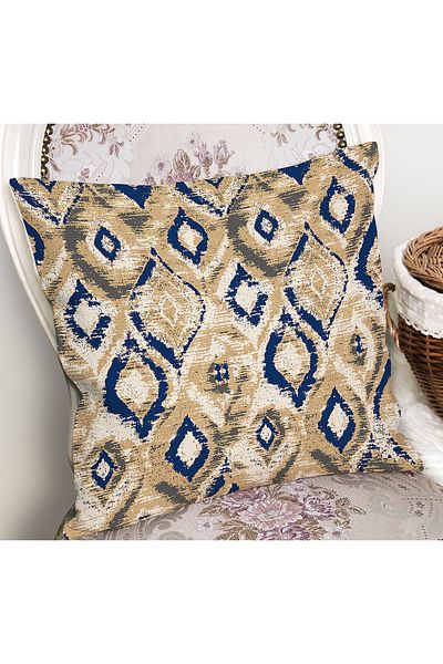 Realhomes Μπλε Navy - Μπεζ Vintage μοτίβο ψηφιακής εκτύπωσης μαξιλαροθήκη με μοτίβο Ikat στο πάτωμα