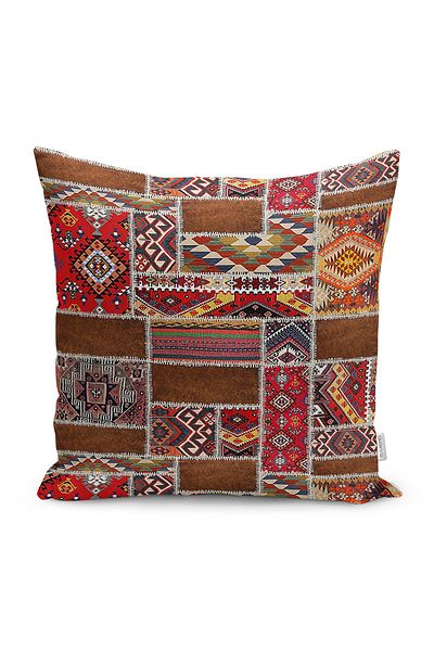 Realhomes Patchwork Patterned Ethnic Patterned Digital Printed Pillow Cushion Cover on Red Background