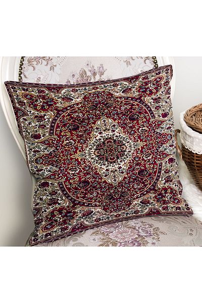 Realhomes Digital Printed Pillow and Throw Pillow Cover with Woven Carpet Motif on Red Background
