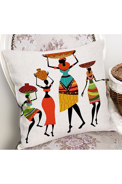 Realhomes African Women's Patterned Digital Printed Pillow Cushion Cover with Ethnic Motifs on White Background