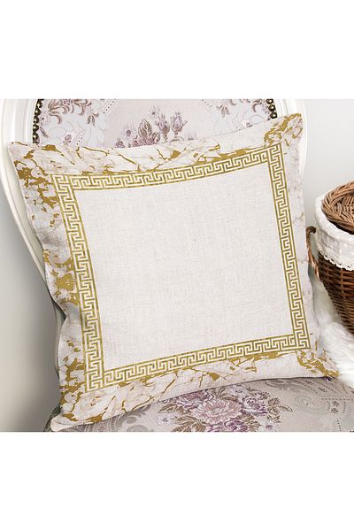 Realhomes Gold Colored Motif Geometric Patterned Digital Printed Pillow Cushion Cover on Ecru Floor