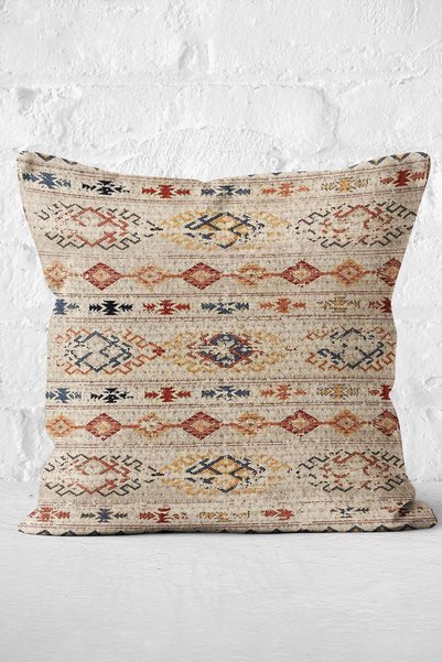 Realhomes Diamond Patterned Digital Printed Pillow Cushion Cover with Rug Motif on Cream Floor