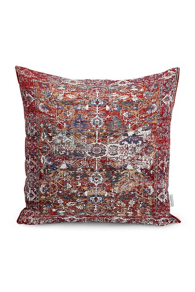 Realhomes Digital Printed Pillow and Throw Pillow Cover with Woven Carpet Motif on Red Background