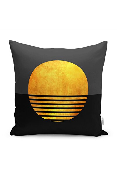 Realhomes Gold - Siyah Zeminde Kanvas Motifli Güneş Desenli Dijital Baskılı Y...