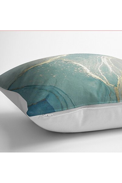 Realhomes Gold Patterned Digital Printed Pillow Cushion Cover with Marble Motif on Turquoise Floor