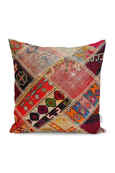 Realhomes Kırmızı Zeminde Patchwork Motifli Geleneksel Desenli Dijital Baskıl...