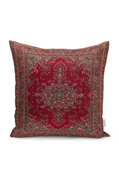 Realhomes Digital Printed Pillow and Throw Pillow Cover with Ancient Motif on Red Background