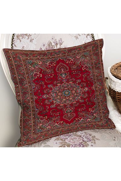Realhomes Digital Printed Pillow and Throw Pillow Cover with Ancient Motif on Red Background