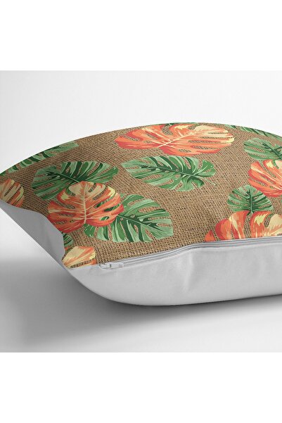 Realhomes Digital Printed Throw Pillow Cover with Exotic Leaves Motifs Orange and Green Lotus Pattern on Wicker Floor