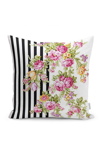 Realhomes Negru - Roz Podea cu Motiv Floral Motiv Geometric Husa de Perna Imprimata Digital
