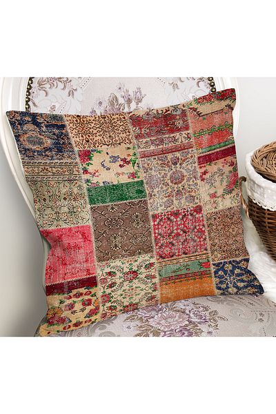 Realhomes Red - Traditional Patterned Digital Printed Pillow Throw Pillow Cover with Patchwork Motif on Cream Floor