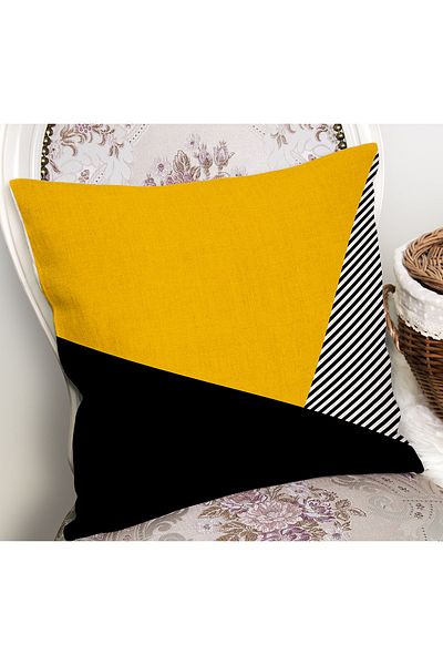 Realhomes Yellow - Modern Motif Geometric Patterned Digital Printed Pillow Cushion Cover on Black Background