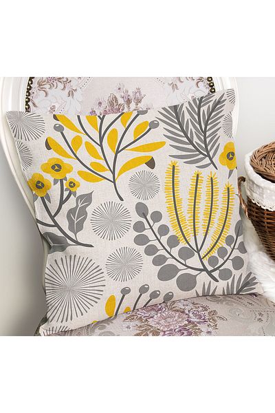 Realhomes Flower and Leaf Motif Floral Patterned Digital Printed Pillow Throw Pillow Cover on Yellow - Gray Background