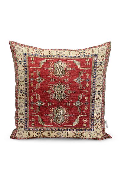 Realhomes Digital Printed Pillow and Throw Pillow Cover with Anatolian Motif on Red Background