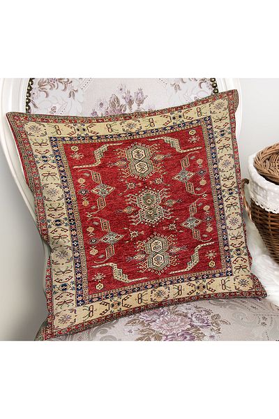 Realhomes Digital Printed Pillow and Throw Pillow Cover with Anatolian Motif on Red Background